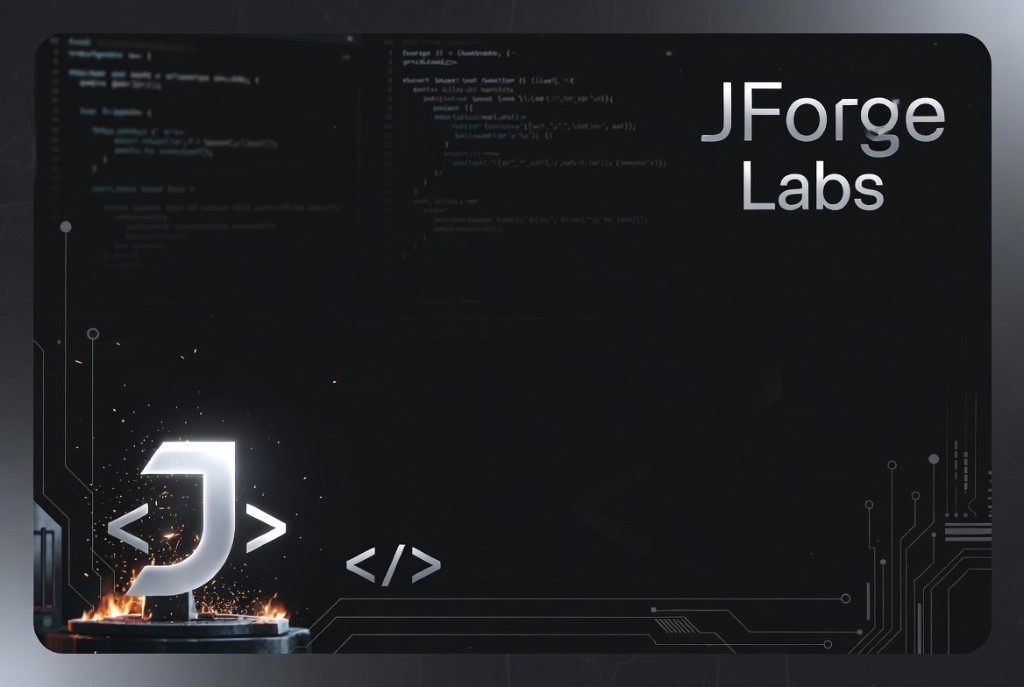 JForge Labs brand mark forged in metal over a dark code backdrop